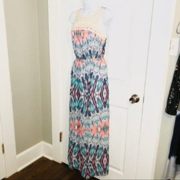 Lily Rose Tribal Ikat Crochet Lace Maxi Dress Teal S - Picture 3 of 8